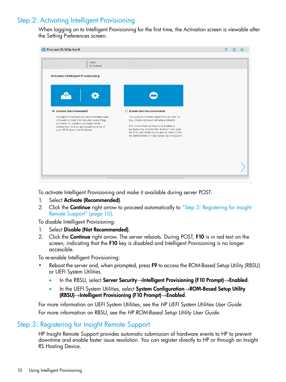 Step 2: activating intelligent provisioning, Step 3: registering for insight remote support, Step 2: activating intelligent | HP ProLiant DL320e Gen8 Server User Manual | Page 10 / 91