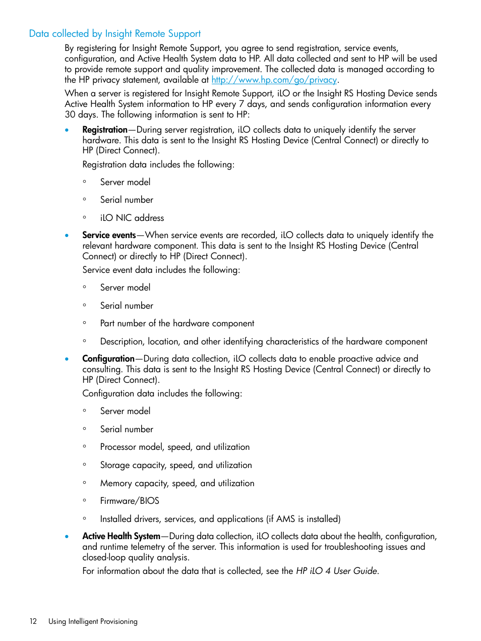 Data collected by insight remote support | HP ProLiant DL320e Gen8 Server User Manual | Page 12 / 91