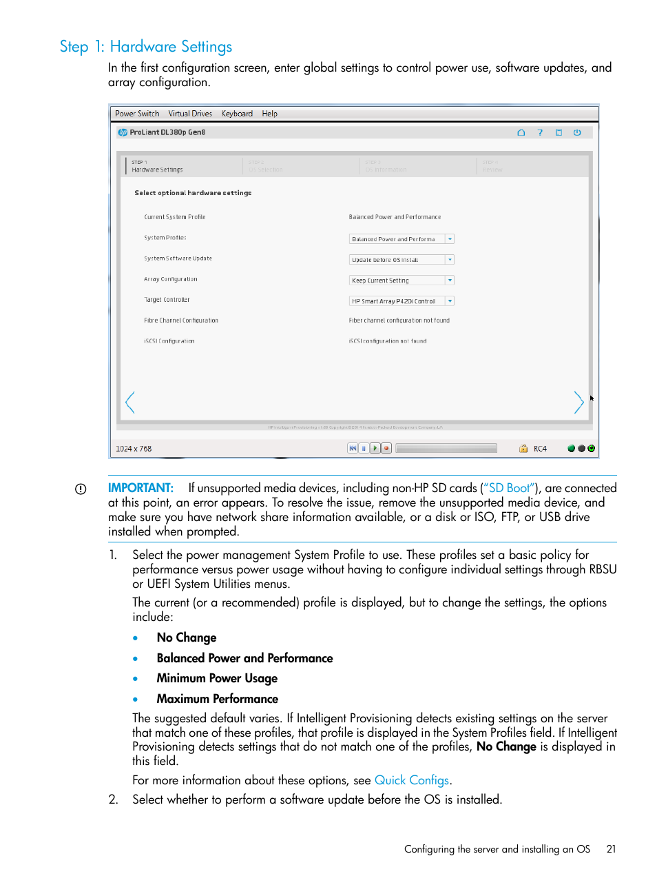 Step 1: hardware settings | HP ProLiant DL320e Gen8 Server User Manual | Page 21 / 91