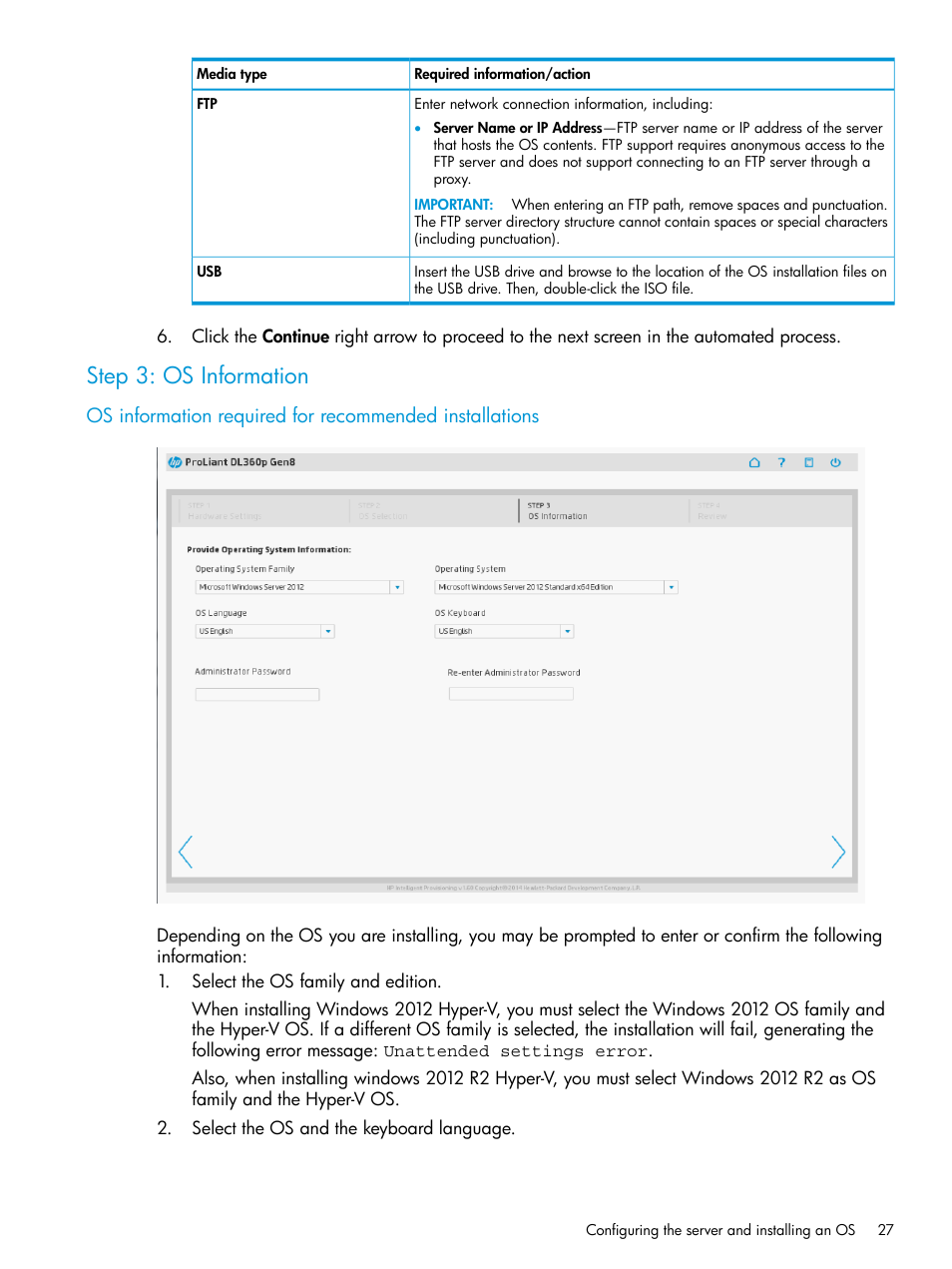 Step 3: os information, Step 3: os | HP ProLiant DL320e Gen8 Server User Manual | Page 27 / 91