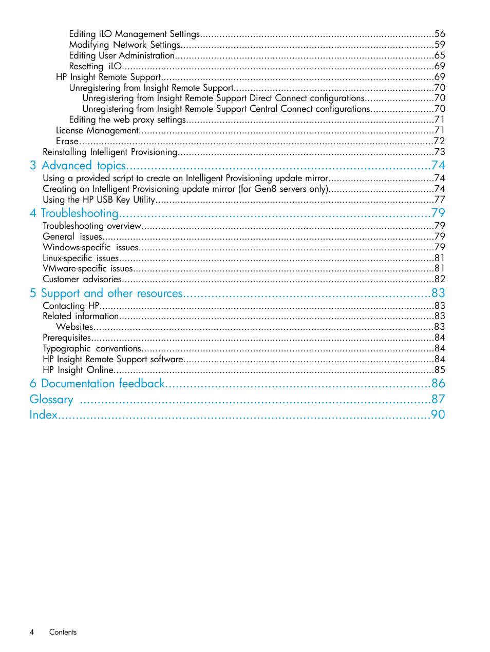 3 advanced topics, 4 troubleshooting, 5 support and other resources | 6 documentation feedback glossary index | HP ProLiant DL320e Gen8 Server User Manual | Page 4 / 91