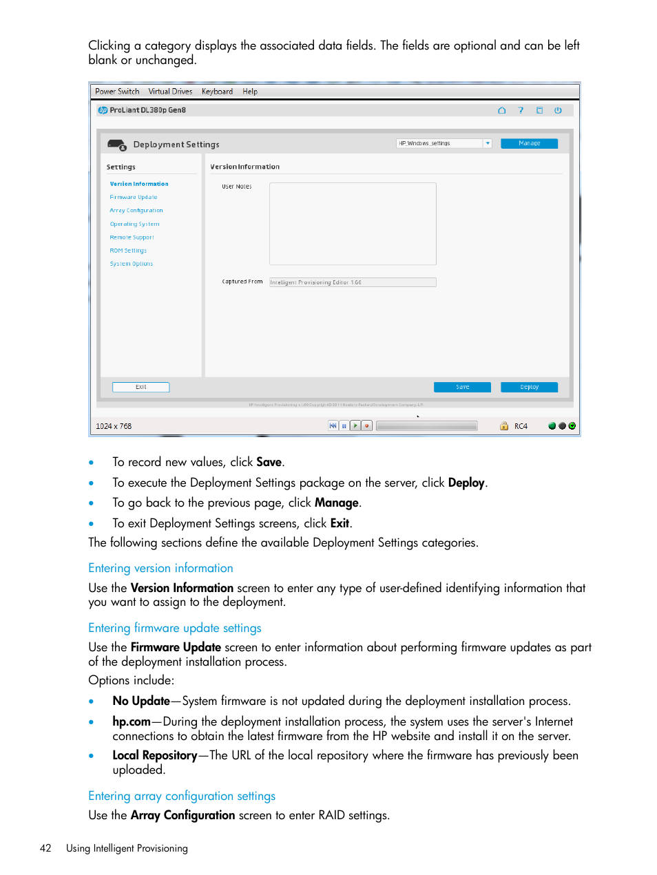 Entering version information, Entering firmware update settings, Entering array configuration settings | HP ProLiant DL320e Gen8 Server User Manual | Page 42 / 91