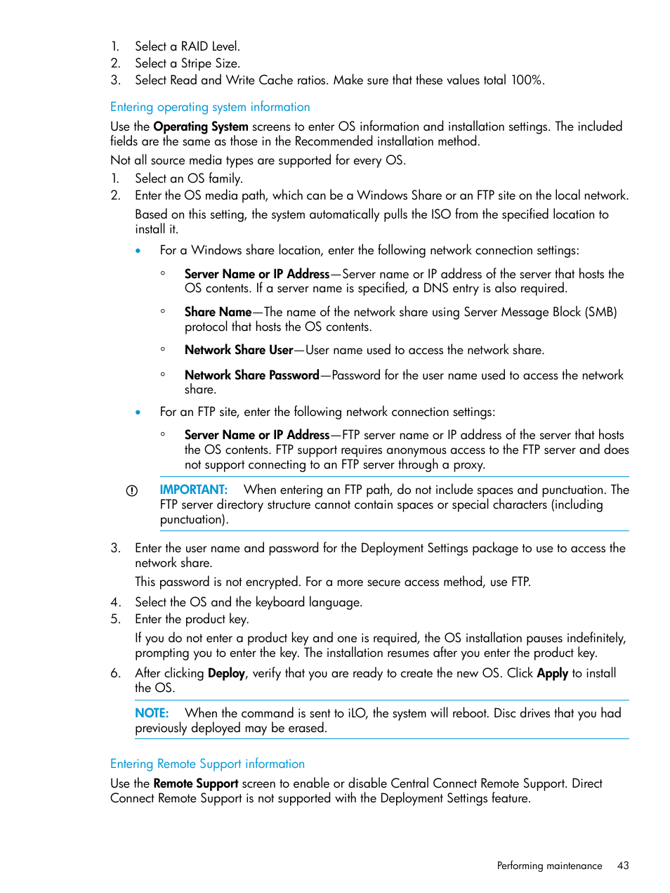 Entering operating system information, Entering remote support information | HP ProLiant DL320e Gen8 Server User Manual | Page 43 / 91