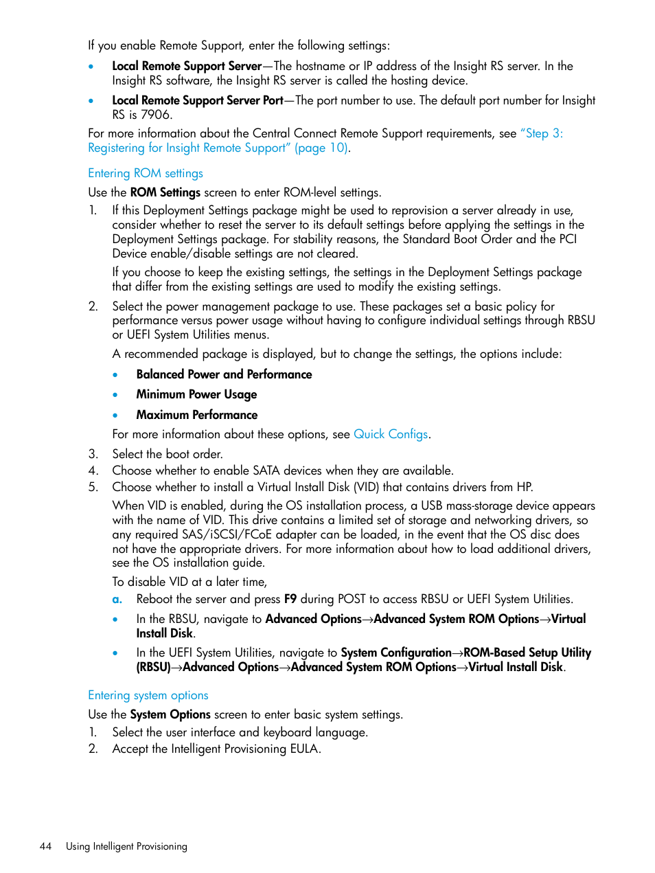 Entering rom settings, Entering system options, Entering rom settings entering system options | HP ProLiant DL320e Gen8 Server User Manual | Page 44 / 91