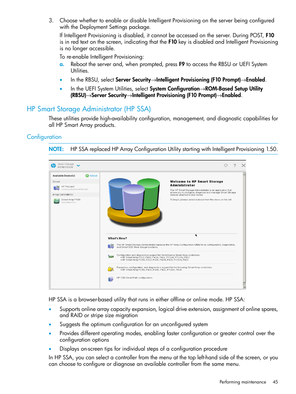 Hp smart storage administrator (hp ssa), Configuration | HP ProLiant DL320e Gen8 Server User Manual | Page 45 / 91