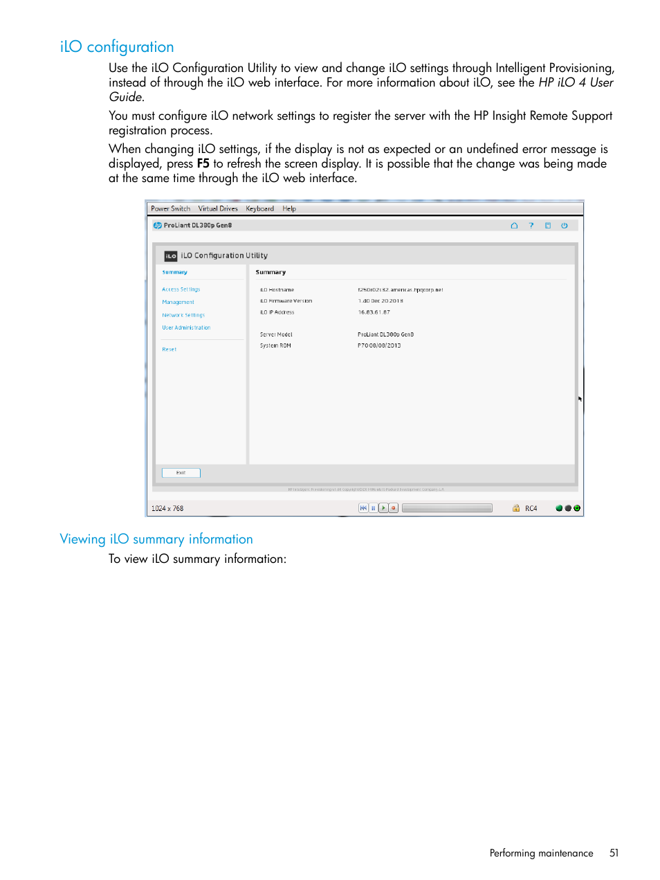 Ilo configuration, Viewing ilo summary information | HP ProLiant DL320e Gen8 Server User Manual | Page 51 / 91