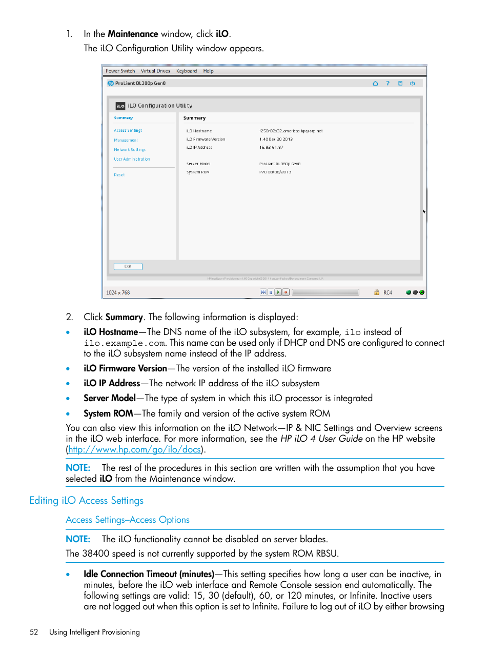 Editing ilo access settings | HP ProLiant DL320e Gen8 Server User Manual | Page 52 / 91