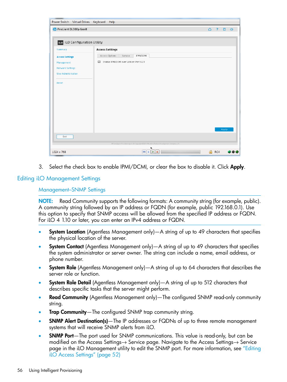 Editing ilo management settings | HP ProLiant DL320e Gen8 Server User Manual | Page 56 / 91