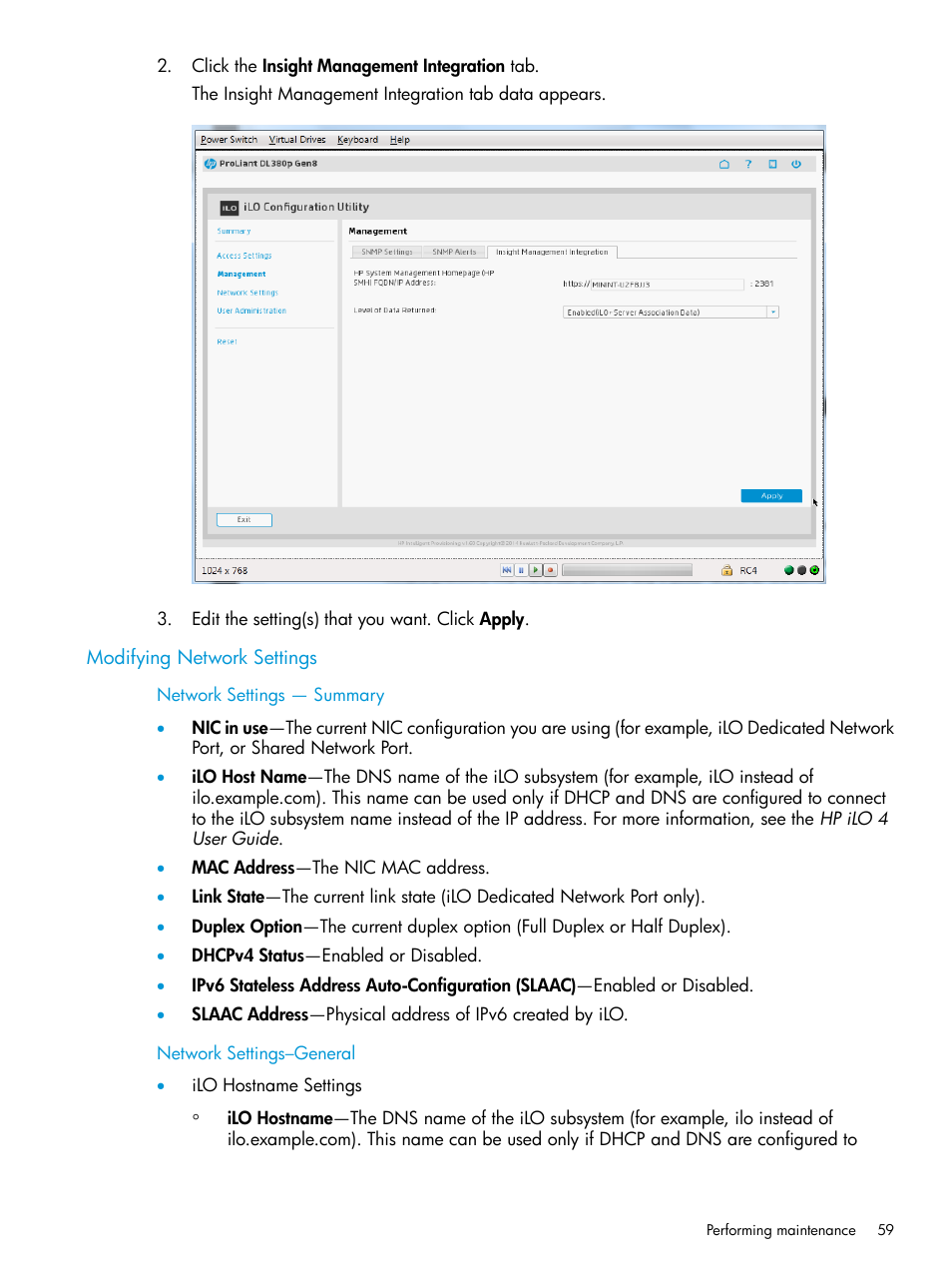 Modifying network settings | HP ProLiant DL320e Gen8 Server User Manual | Page 59 / 91