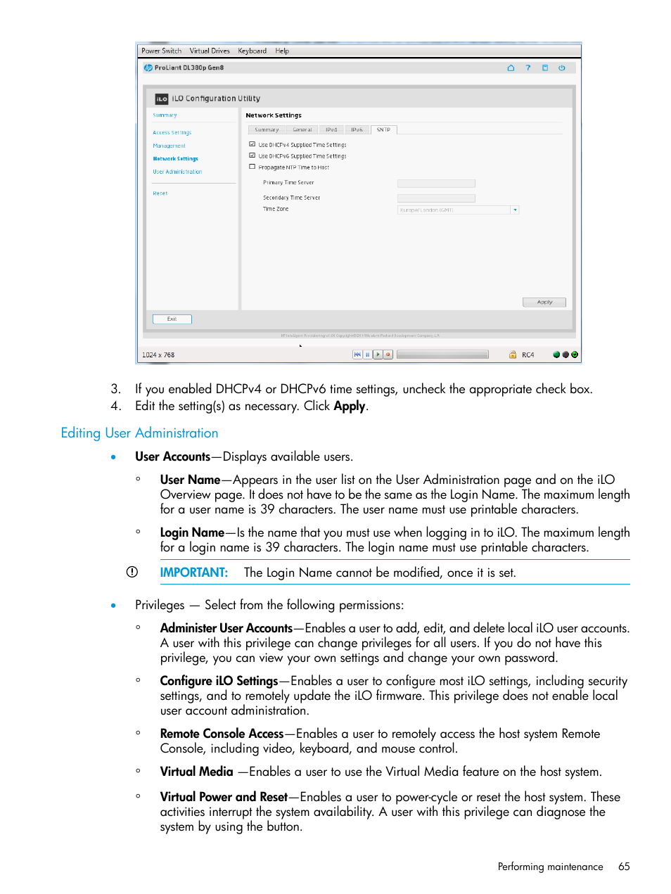 Editing user administration | HP ProLiant DL320e Gen8 Server User Manual | Page 65 / 91