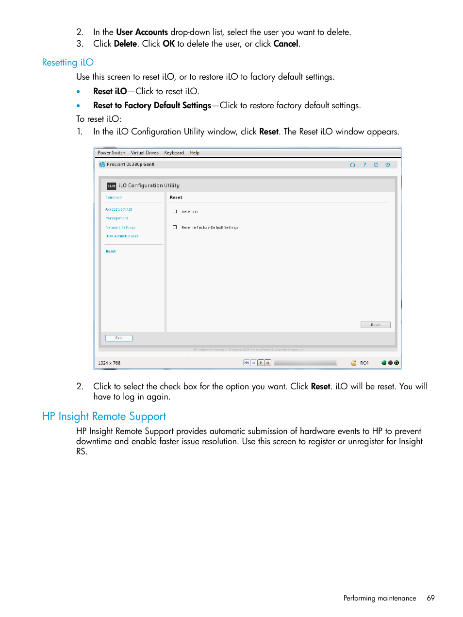 Resetting ilo, Hp insight remote support | HP ProLiant DL320e Gen8 Server User Manual | Page 69 / 91