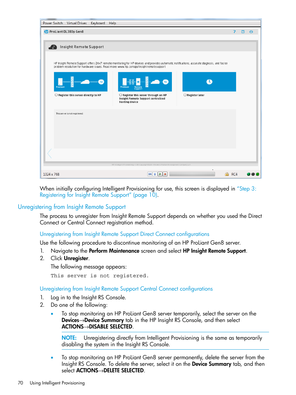 Unregistering from insight remote support | HP ProLiant DL320e Gen8 Server User Manual | Page 70 / 91