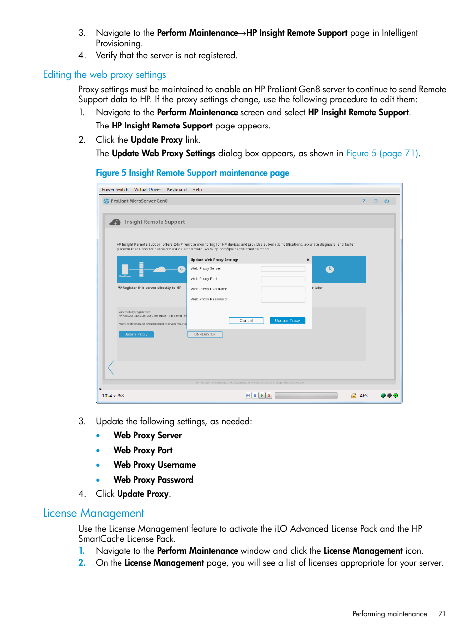 Editing the web proxy settings, License management | HP ProLiant DL320e Gen8 Server User Manual | Page 71 / 91