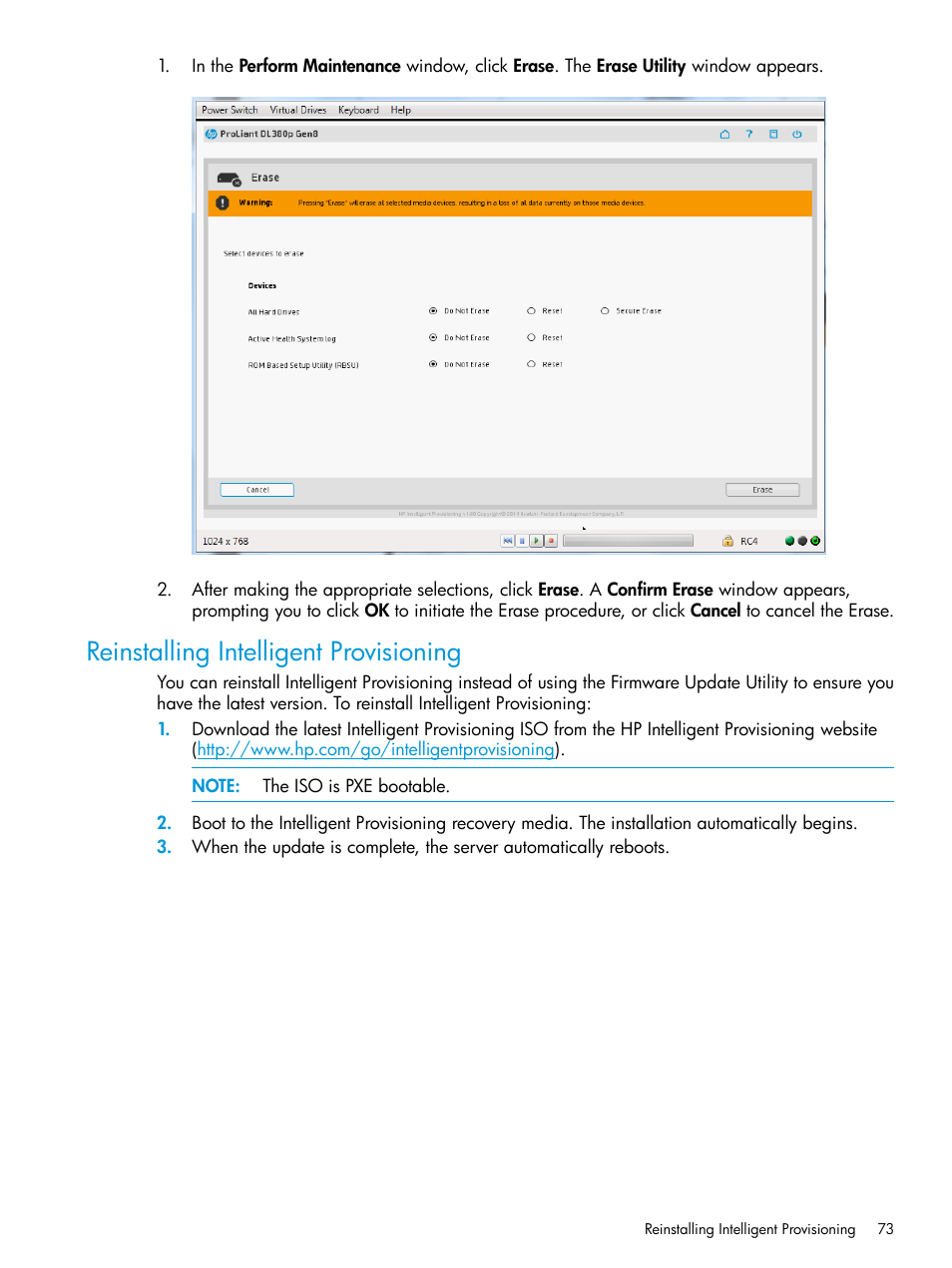 Reinstalling intelligent provisioning | HP ProLiant DL320e Gen8 Server User Manual | Page 73 / 91