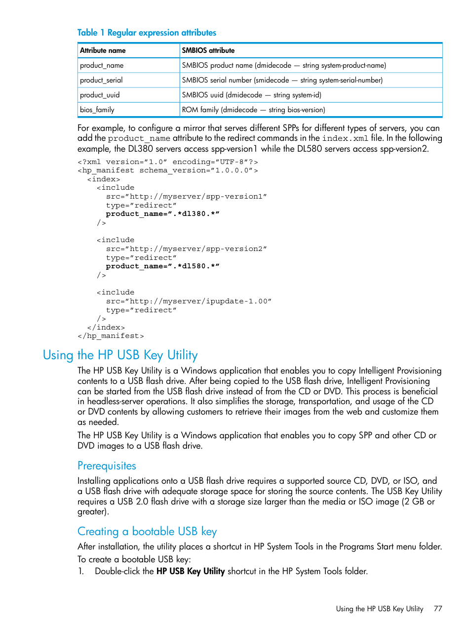 Using the hp usb key utility, Prerequisites, Creating a bootable usb key | HP ProLiant DL320e Gen8 Server User Manual | Page 77 / 91