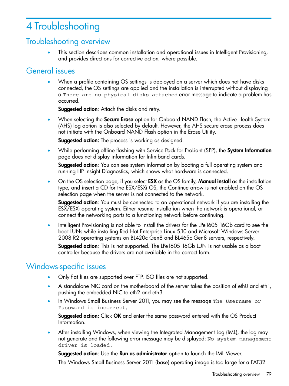 4 troubleshooting, Troubleshooting overview, General issues | Windows-specific issues | HP ProLiant DL320e Gen8 Server User Manual | Page 79 / 91