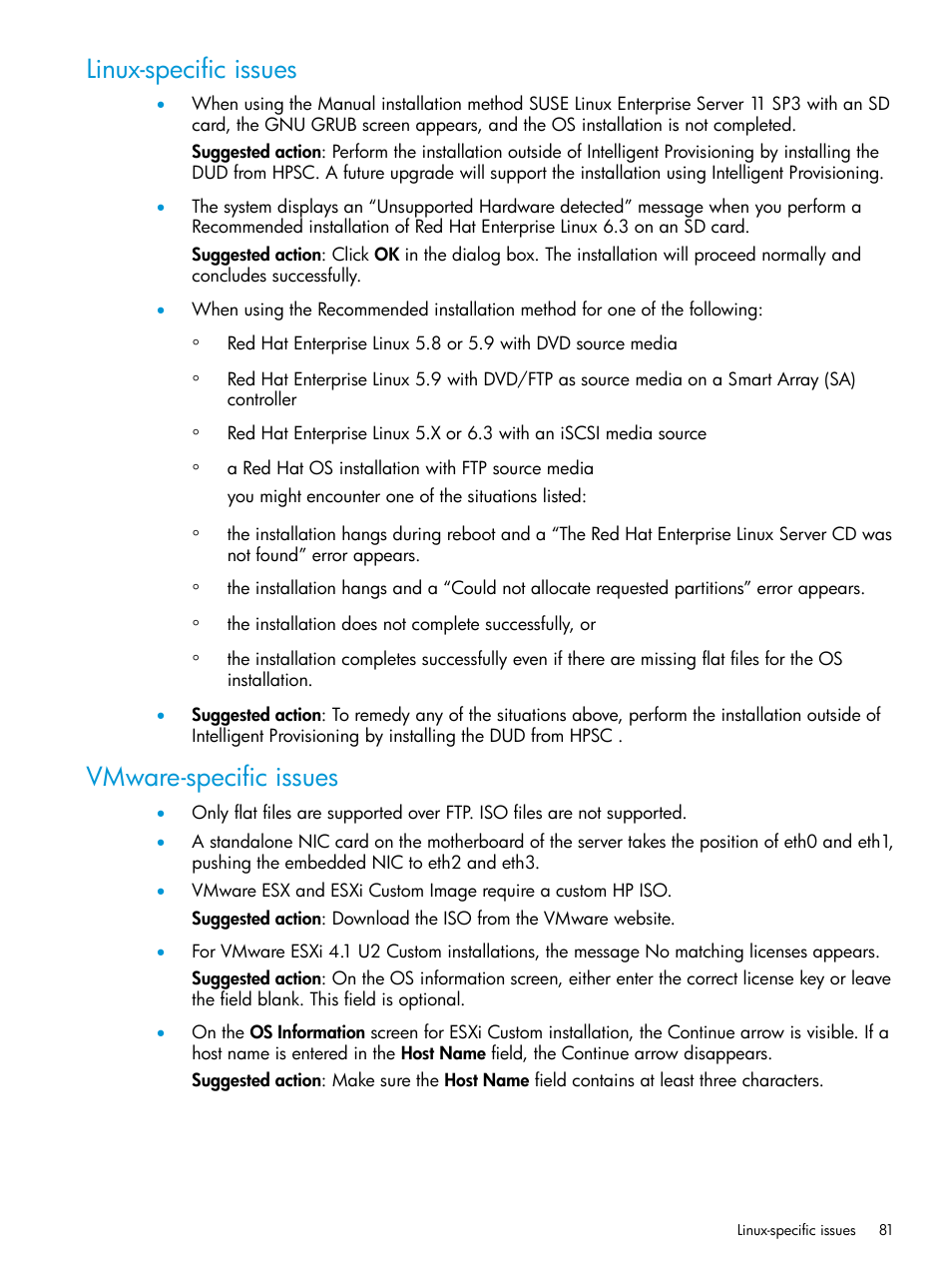 Linux-specific issues, Vmware-specific issues, Linux-specific issues vmware-specific issues | HP ProLiant DL320e Gen8 Server User Manual | Page 81 / 91