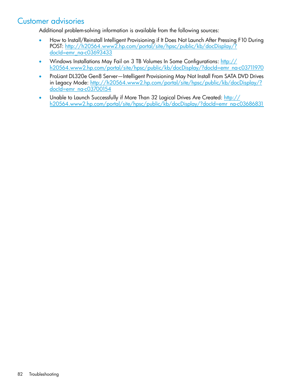 Customer advisories | HP ProLiant DL320e Gen8 Server User Manual | Page 82 / 91