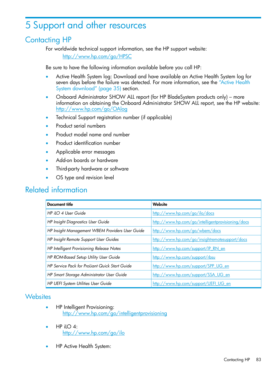 5 support and other resources, Contacting hp, Related information | Websites, Contacting hp related information | HP ProLiant DL320e Gen8 Server User Manual | Page 83 / 91