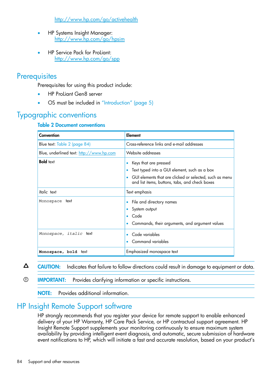 Prerequisites, Typographic conventions, Hp insight remote support software | HP ProLiant DL320e Gen8 Server User Manual | Page 84 / 91