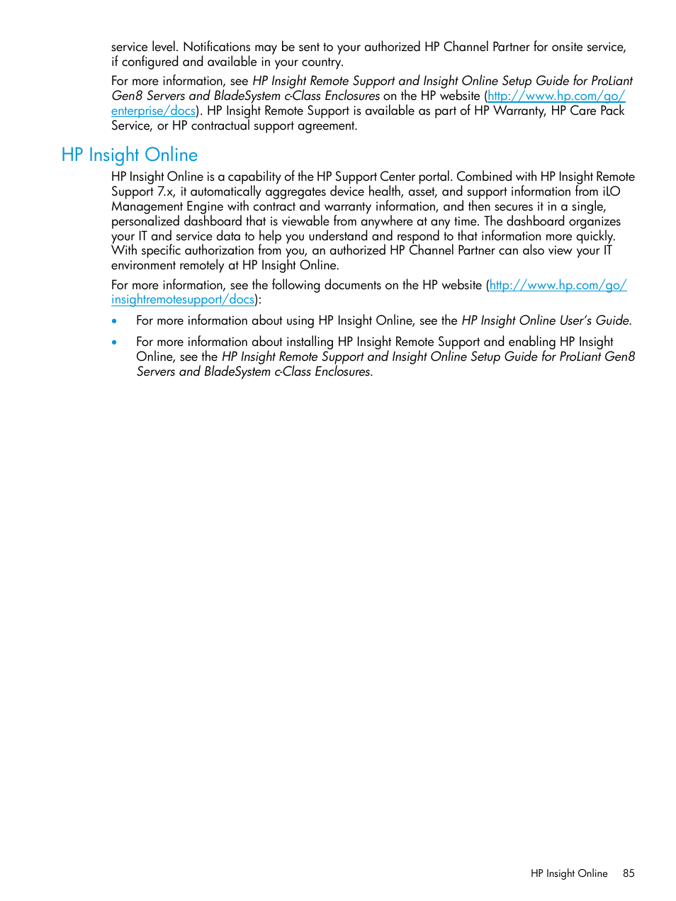 Hp insight online | HP ProLiant DL320e Gen8 Server User Manual | Page 85 / 91