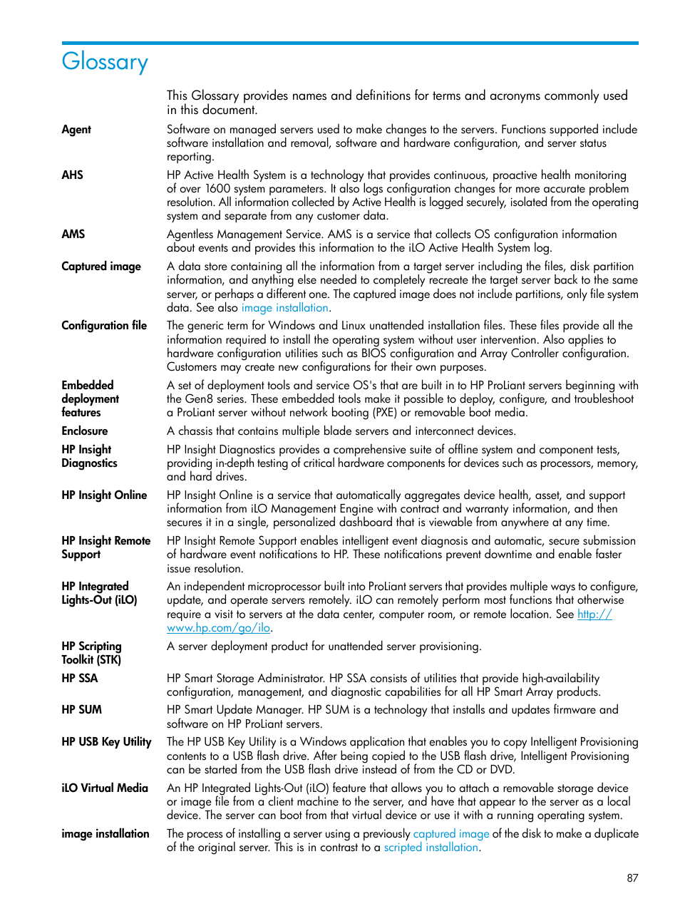 Glossary | HP ProLiant DL320e Gen8 Server User Manual | Page 87 / 91