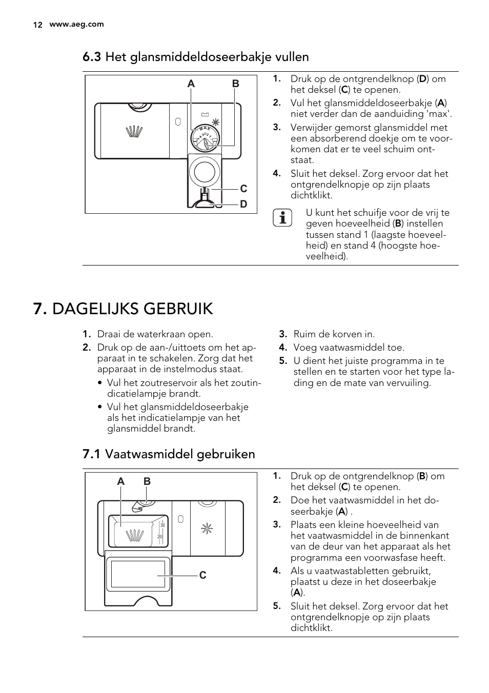 Dagelijks gebruik, 3 het glansmiddeldoseerbakje vullen, 1 vaatwasmiddel gebruiken | Ab d c, Ab c, Doe het vaatwasmiddel in het do- seerbakje ( a ) | AEG F88082W0P User Manual | Page 12 / 72