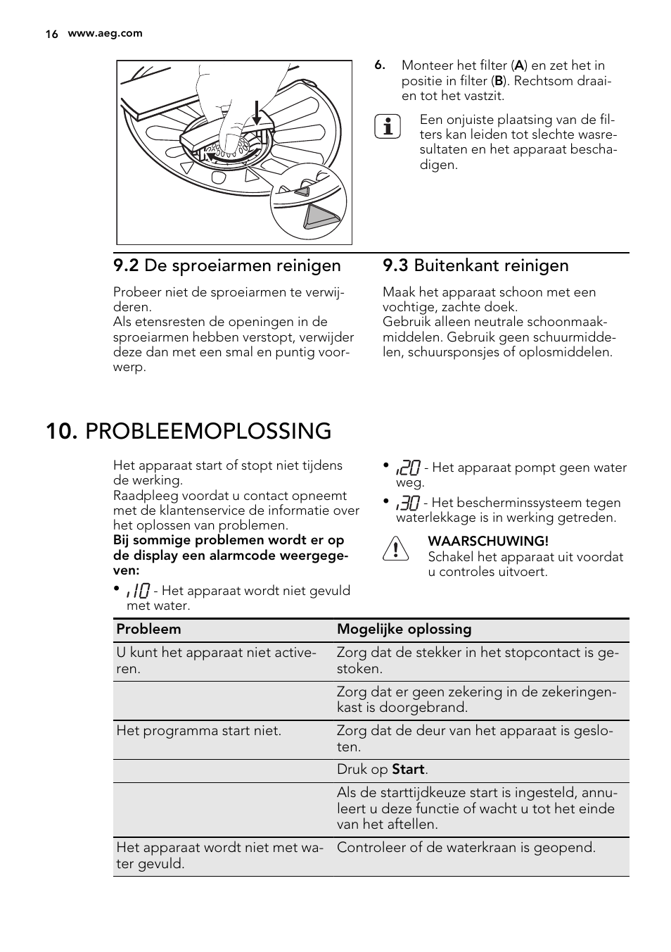 Probleemoplossing, 2 de sproeiarmen reinigen, 3 buitenkant reinigen | AEG F88082W0P User Manual | Page 16 / 72