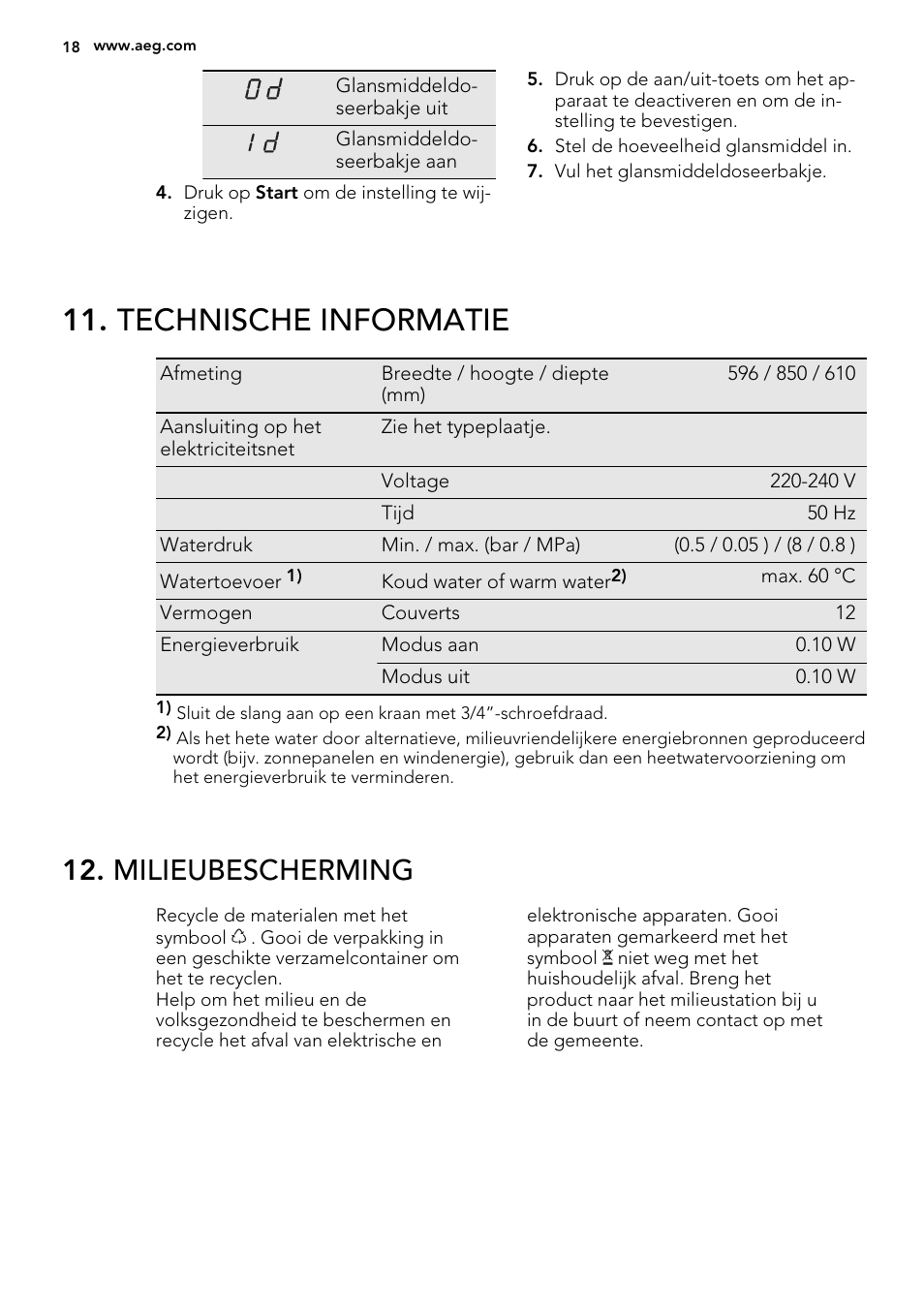 Technische informatie, Milieubescherming | AEG F88082W0P User Manual | Page 18 / 72