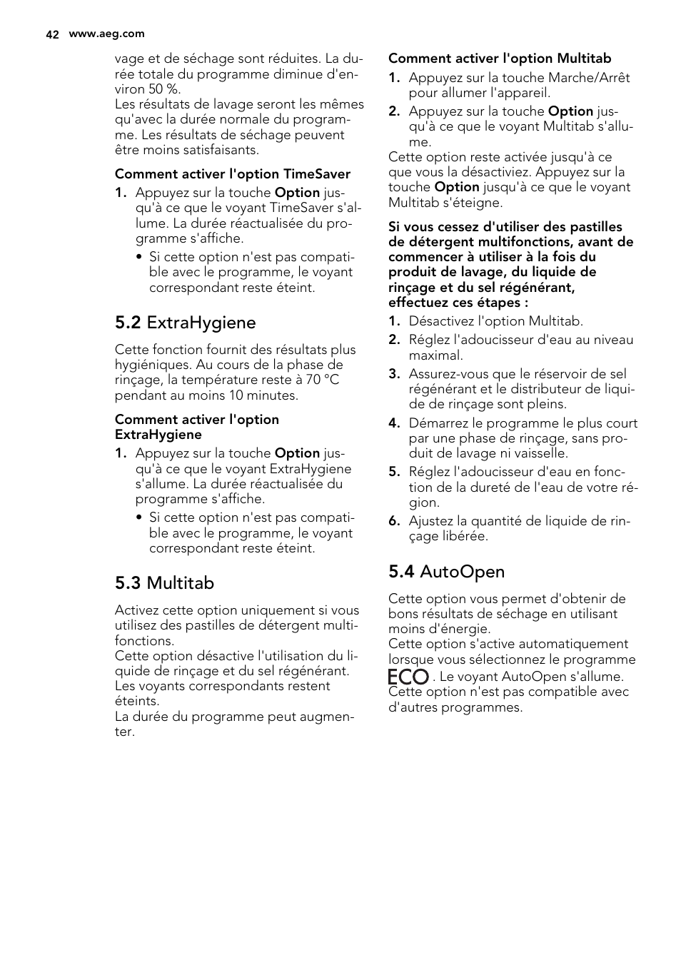 2 extrahygiene, 3 multitab, 4 autoopen | AEG F88082W0P User Manual | Page 42 / 72