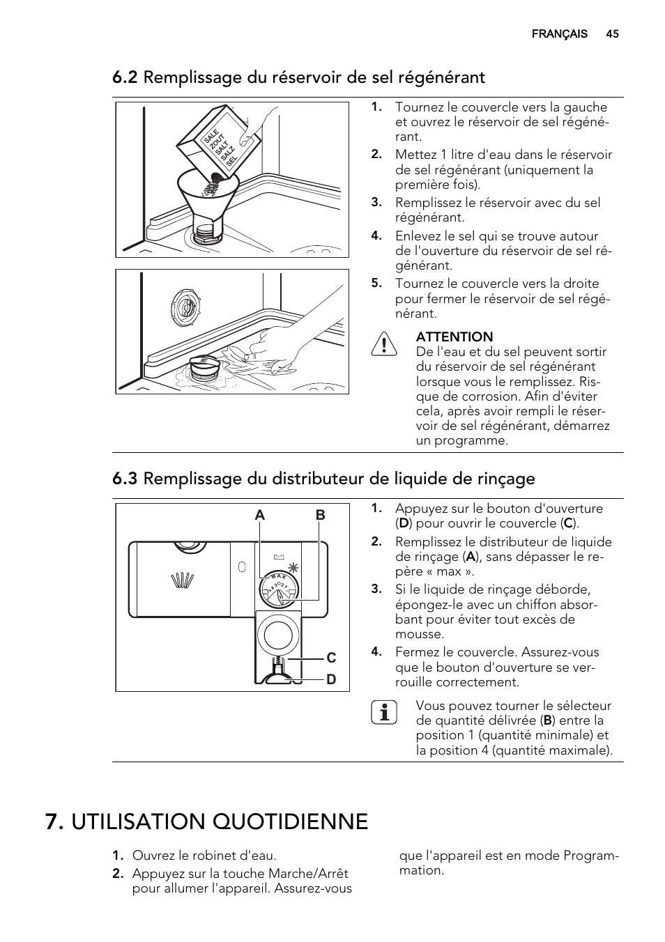 Utilisation quotidienne, 2 remplissage du réservoir de sel régénérant | AEG F88082W0P User Manual | Page 45 / 72