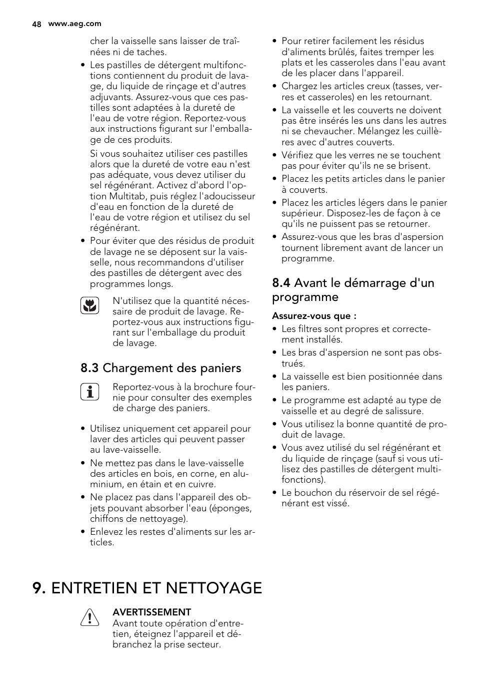 Entretien et nettoyage, 3 chargement des paniers, 4 avant le démarrage d'un programme | AEG F88082W0P User Manual | Page 48 / 72