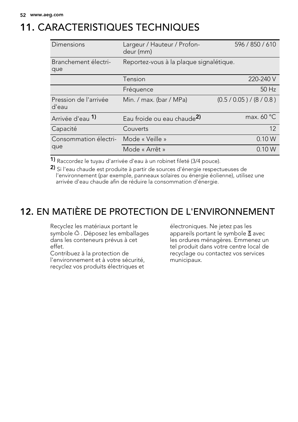 Caracteristiques techniques, En matière de protection de l'environnement | AEG F88082W0P User Manual | Page 52 / 72