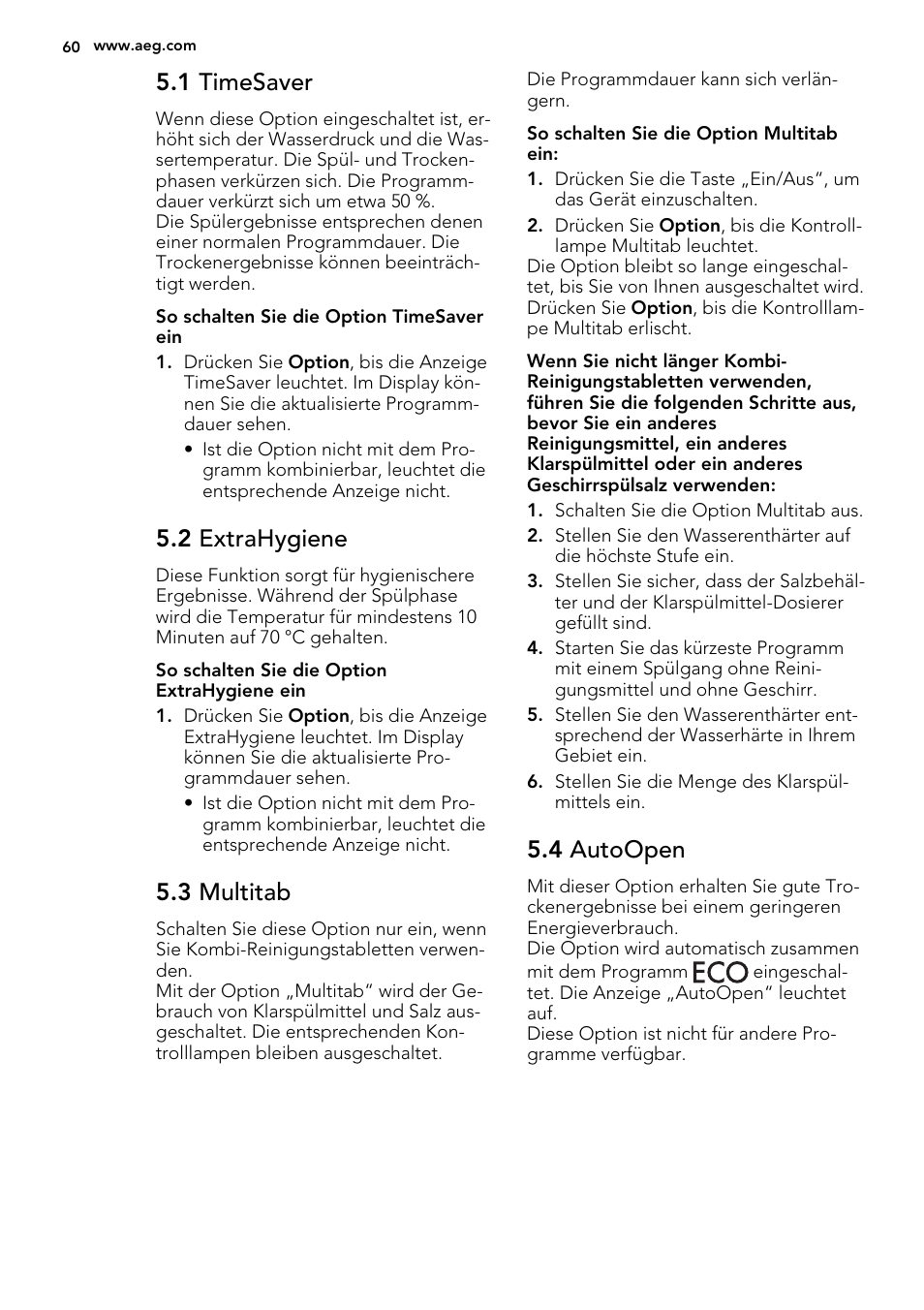 1 timesaver, 2 extrahygiene, 3 multitab | 4 autoopen | AEG F88082W0P User Manual | Page 60 / 72