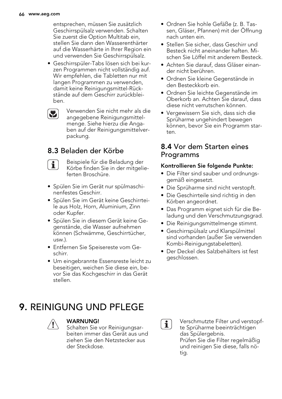 Reinigung und pflege, 3 beladen der körbe, 4 vor dem starten eines programms | AEG F88082W0P User Manual | Page 66 / 72