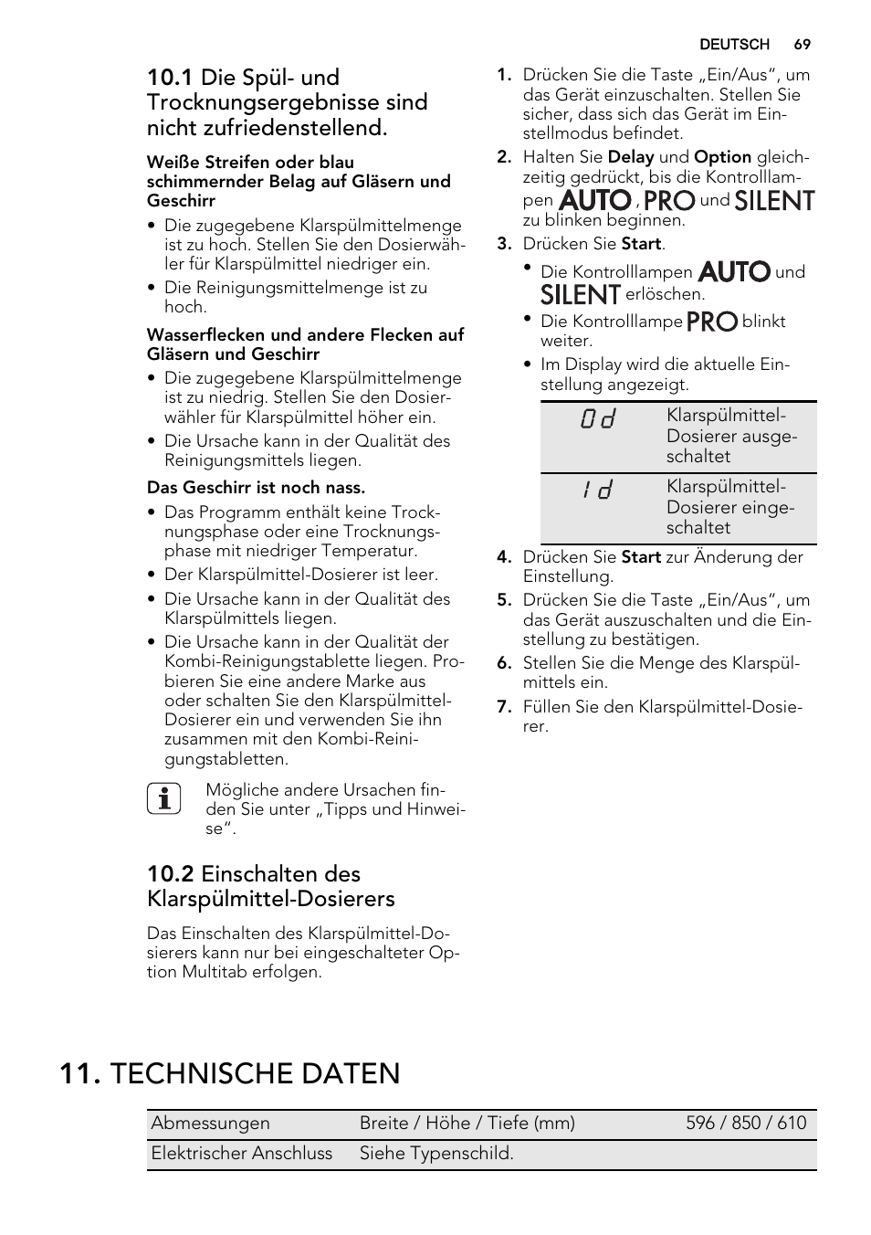 Technische daten, 2 einschalten des klarspülmittel-dosierers | AEG F88082W0P User Manual | Page 69 / 72