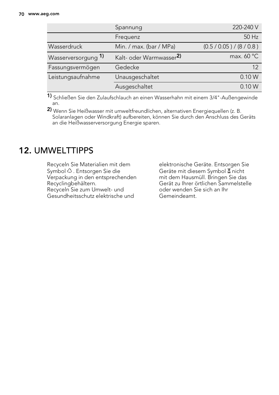 Umwelttipps | AEG F88082W0P User Manual | Page 70 / 72