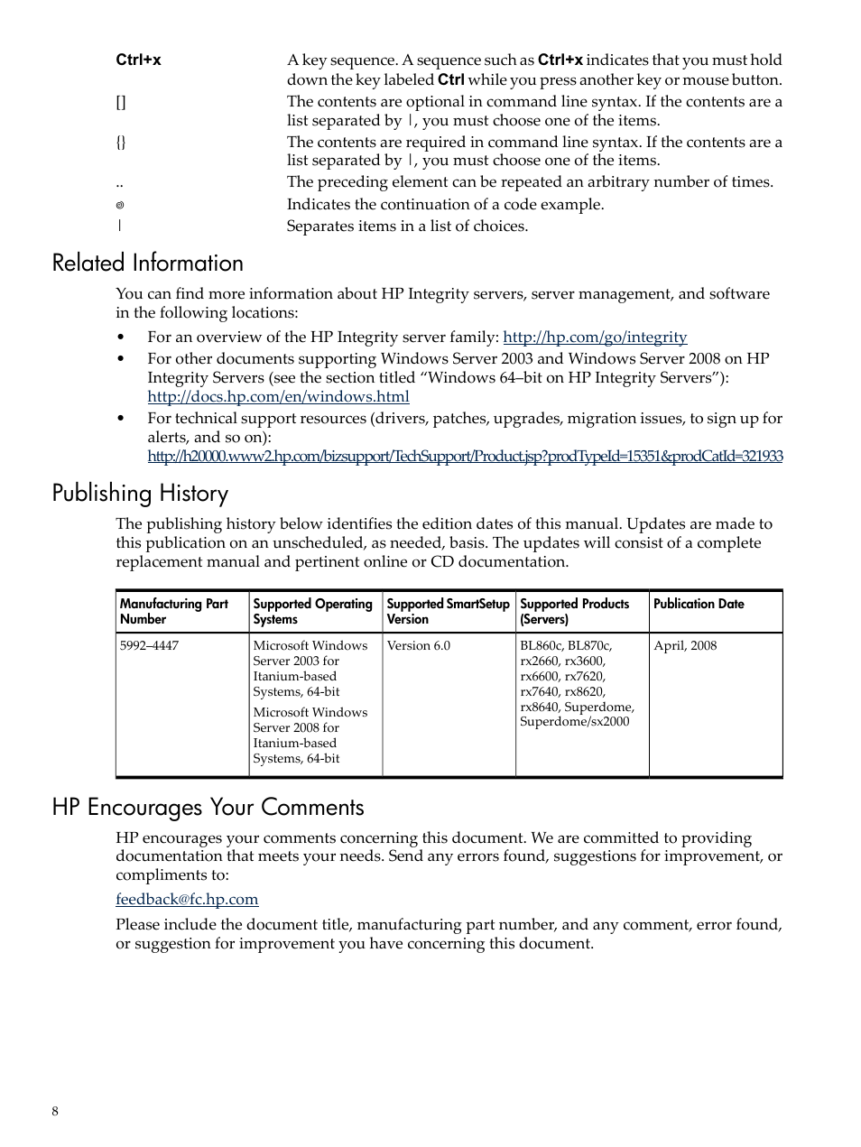 Related information, Publishing history, Hp encourages your comments | HP Integrity rx7620 Server User Manual | Page 8 / 19