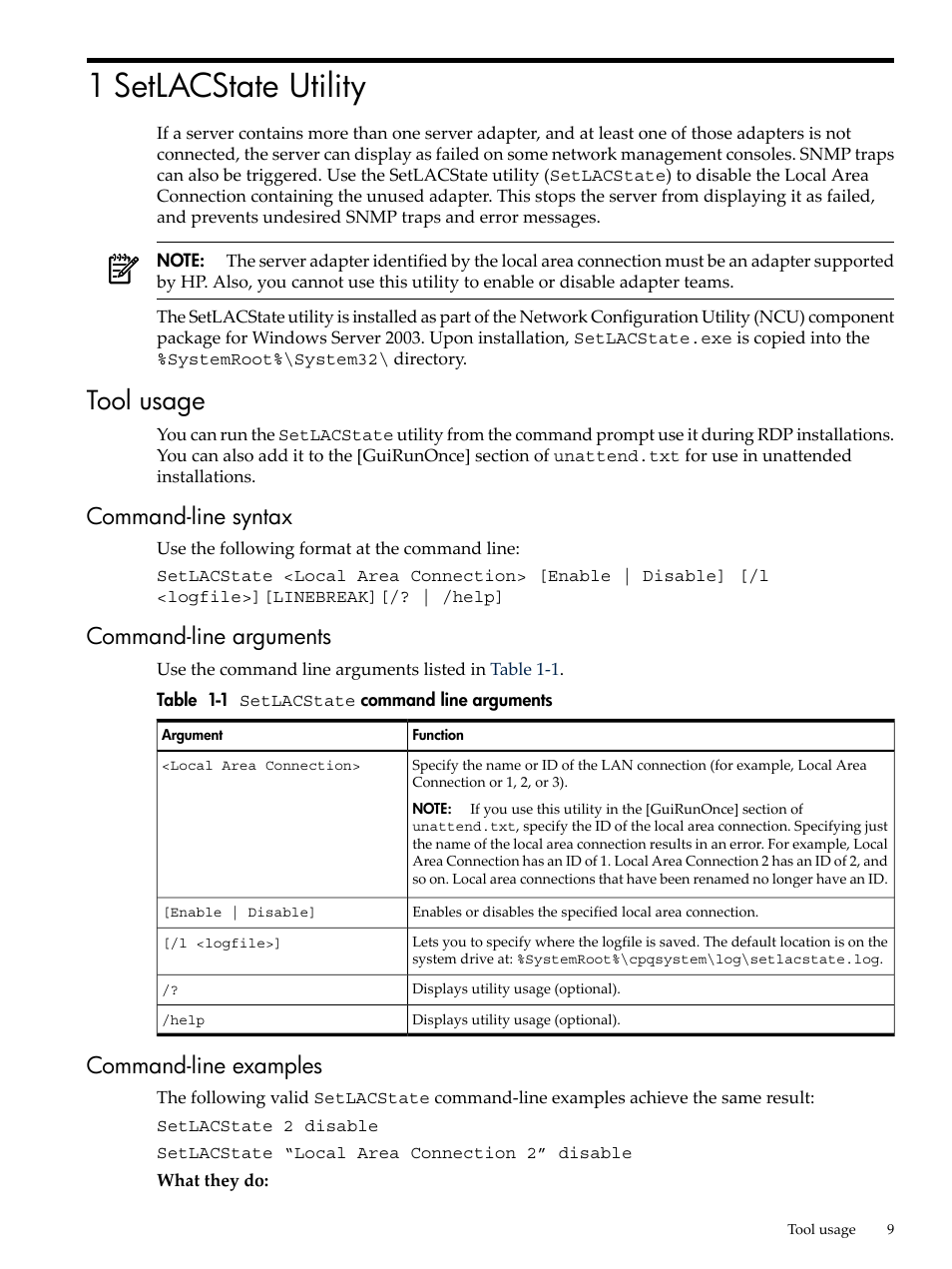 1 setlacstate utility, Tool usage, Command-line syntax | Command-line arguments, Command-line examples, Setlacstate, Command line arguments | HP Integrity rx7620 Server User Manual | Page 9 / 19