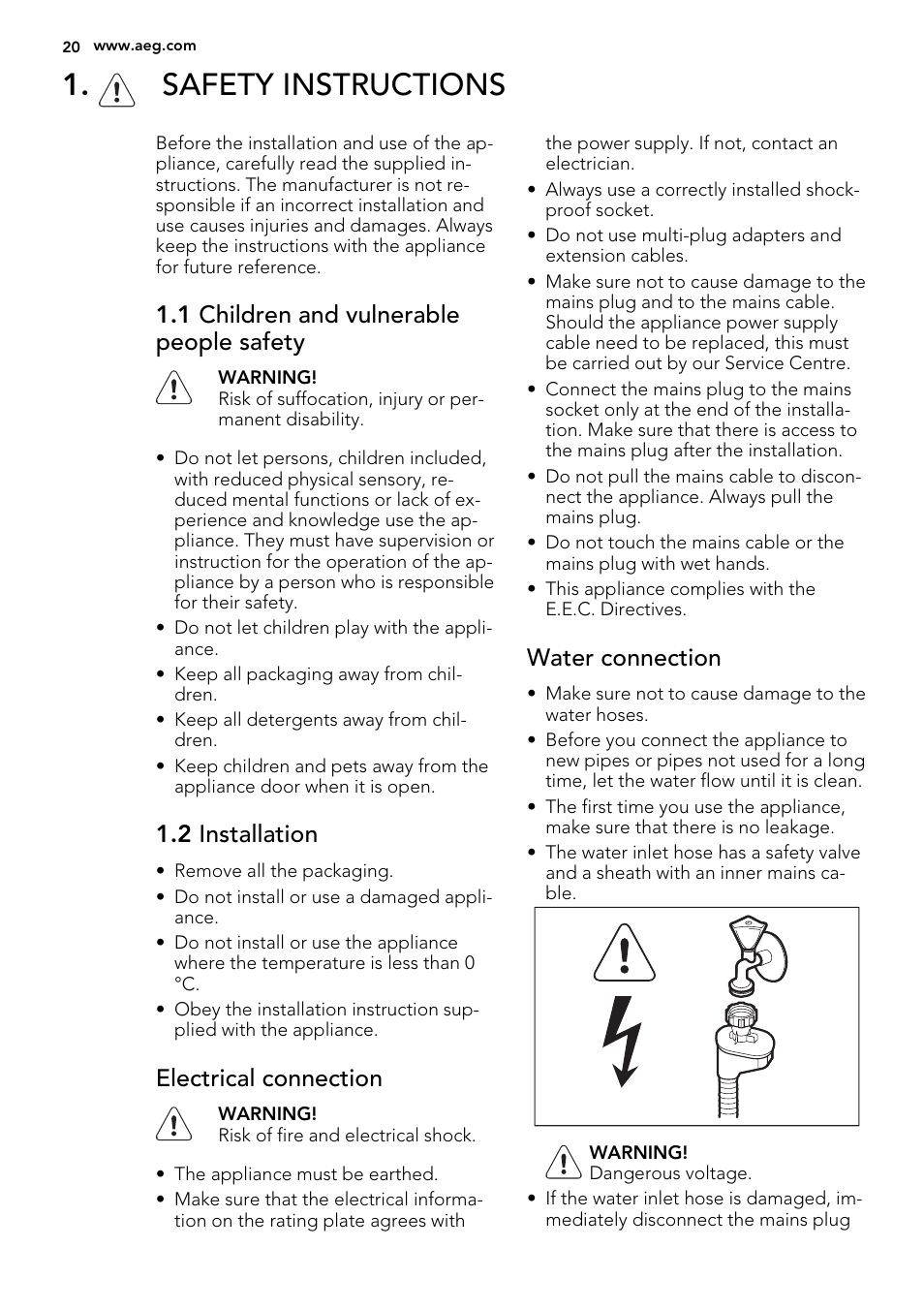 Safety instructions, 1 children and vulnerable people safety, 2 installation | Electrical connection, Water connection | AEG F88019W0P User Manual | Page 20 / 72