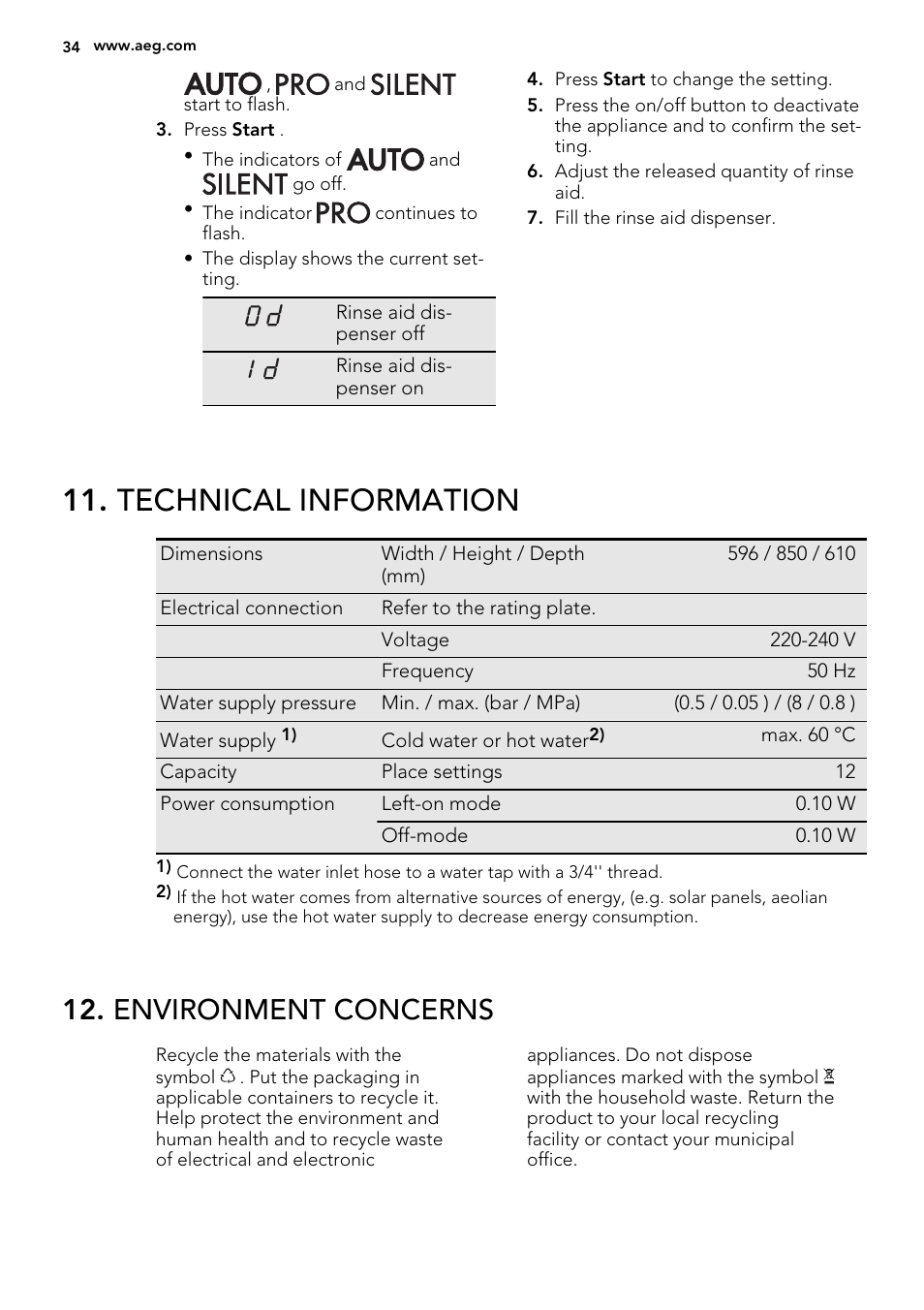 Technical information, Environment concerns | AEG F88019W0P User Manual | Page 34 / 72