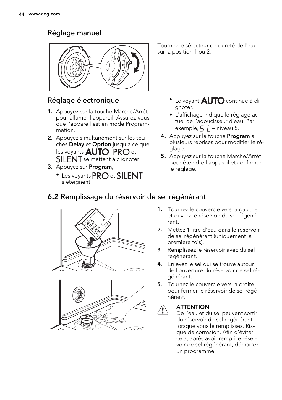 Réglage manuel, Réglage électronique, 2 remplissage du réservoir de sel régénérant | AEG F88019W0P User Manual | Page 44 / 72