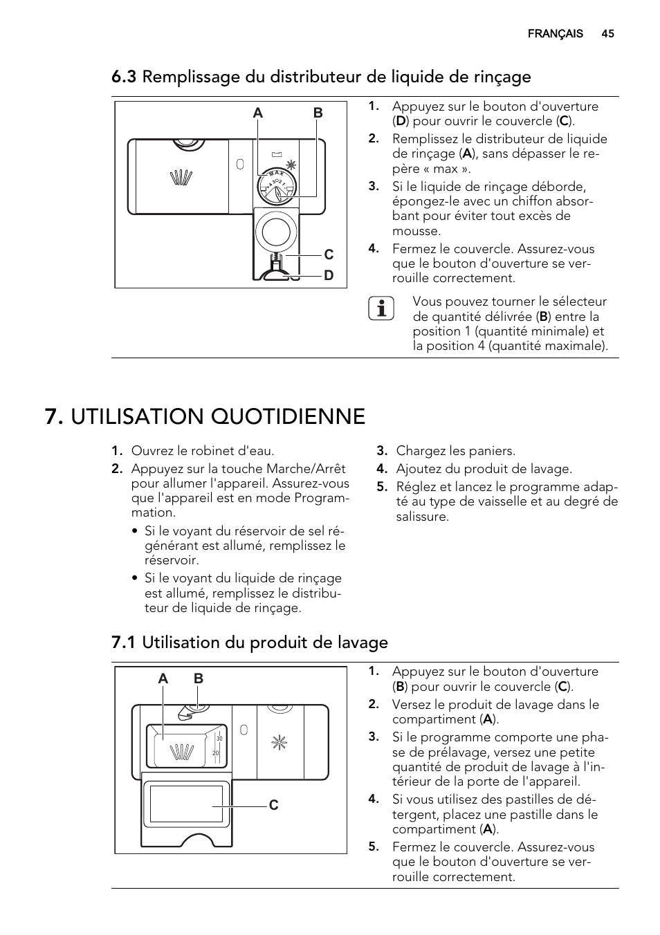 Utilisation quotidienne, 1 utilisation du produit de lavage, Ab d c | Ab c | AEG F88019W0P User Manual | Page 45 / 72