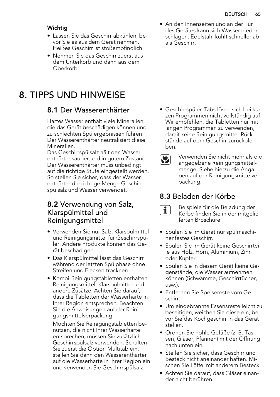 Tipps und hinweise, 1 der wasserenthärter, 3 beladen der körbe | AEG F88019W0P User Manual | Page 65 / 72