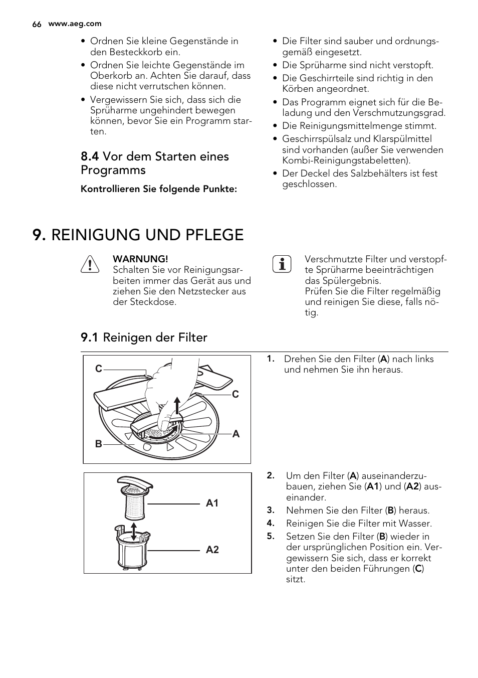 Reinigung und pflege, 4 vor dem starten eines programms, 1 reinigen der filter | AEG F88019W0P User Manual | Page 66 / 72