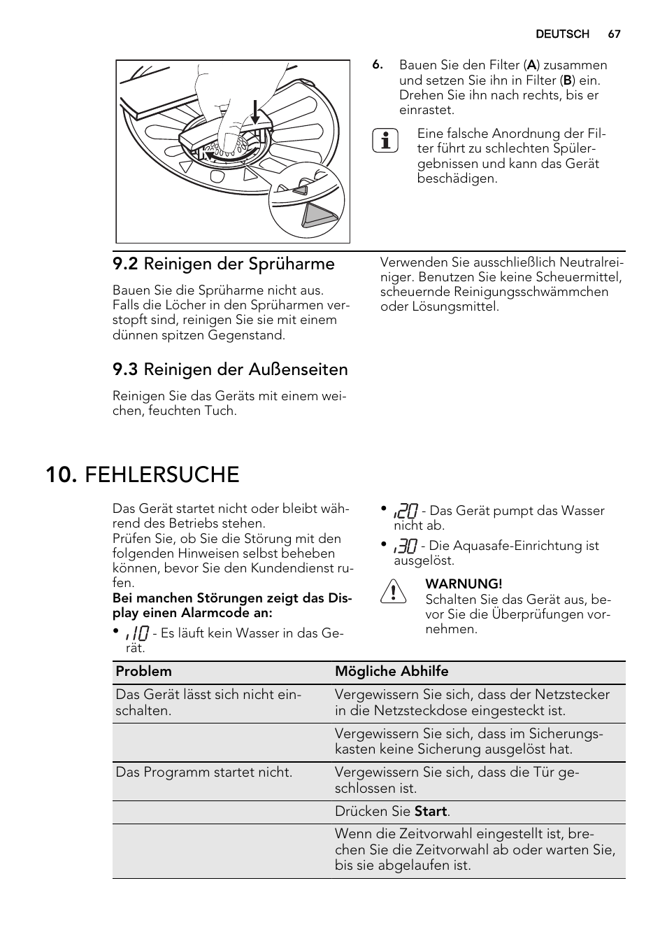 Fehlersuche, 2 reinigen der sprüharme, 3 reinigen der außenseiten | AEG F88019W0P User Manual | Page 67 / 72