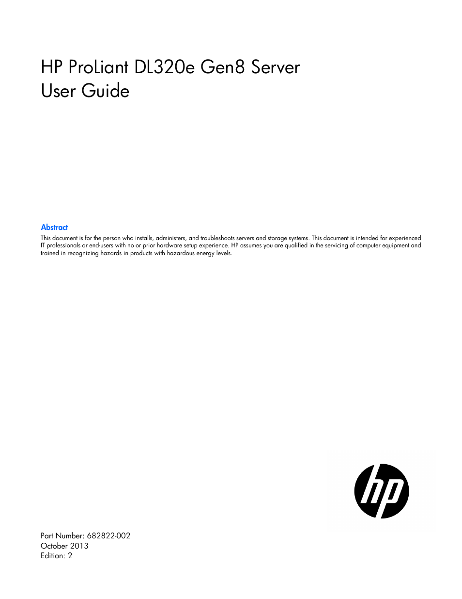 HP ProLiant DL320e Gen8 Server User Manual | 96 pages
