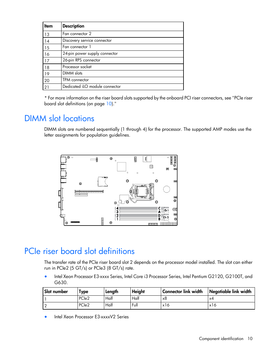 Dimm slot locations, Pcie riser board slot definitions | HP ProLiant DL320e Gen8 Server User Manual | Page 10 / 96