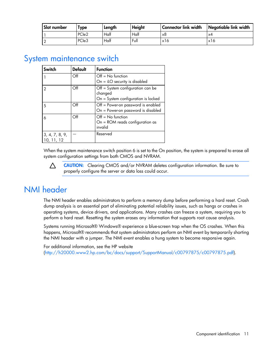 System maintenance switch, Nmi header | HP ProLiant DL320e Gen8 Server User Manual | Page 11 / 96