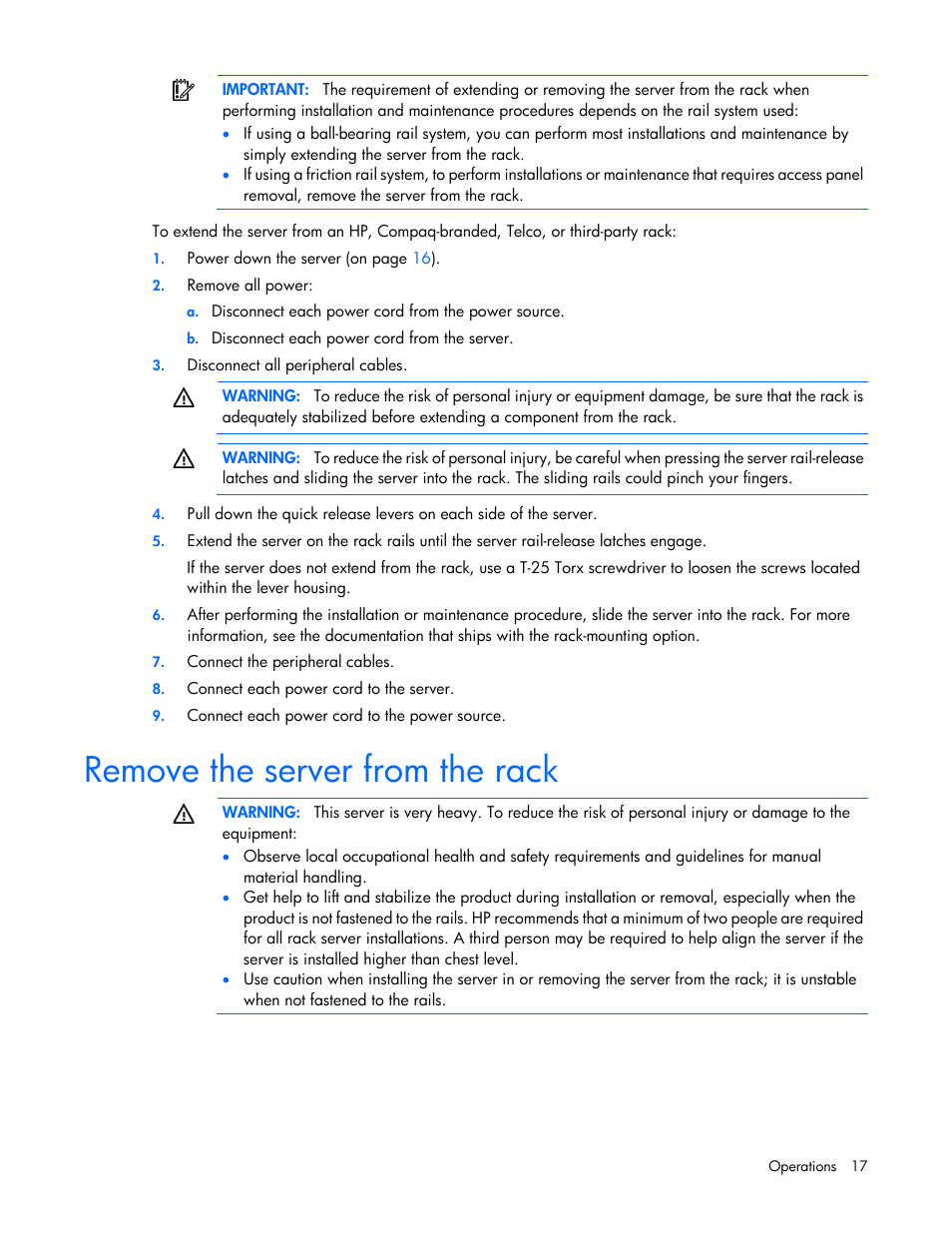 Remove the server from the rack | HP ProLiant DL320e Gen8 Server User Manual | Page 17 / 96
